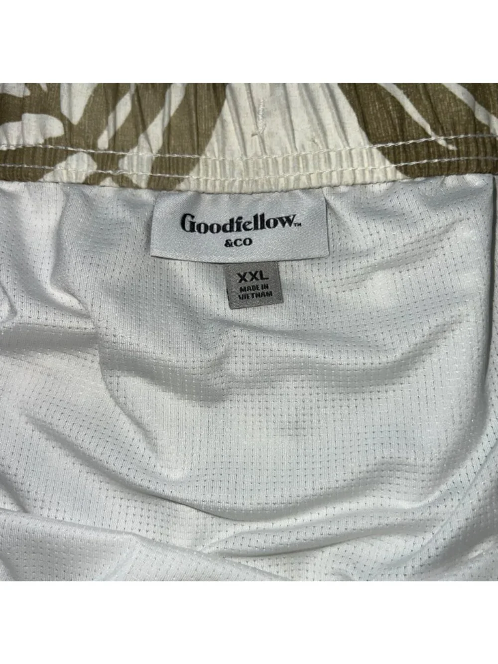 Goodfellow Swim Trunks Mens XXL Tan White Tropical Print Mesh Lined Drawstring